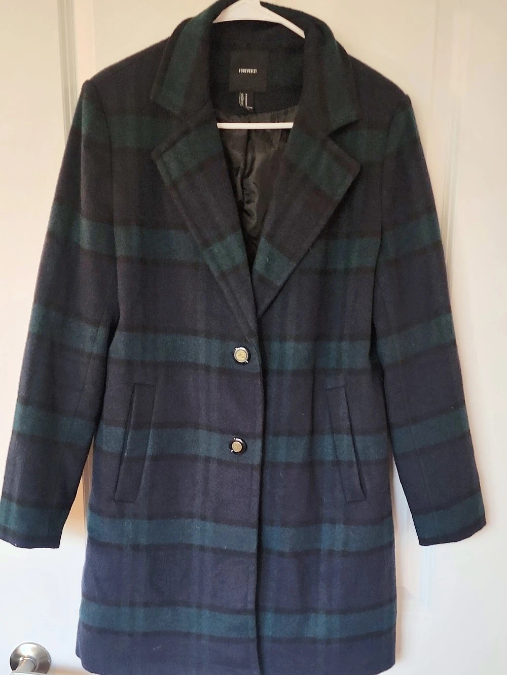 Forever 21 Plaid Pea Coat in Blue & Black Size Medium